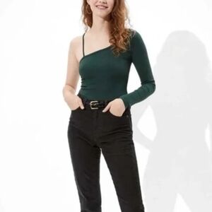 American Eagle Green One Shoulder Ribbed Bodysuit XL Asymmetrical Long Sleeve